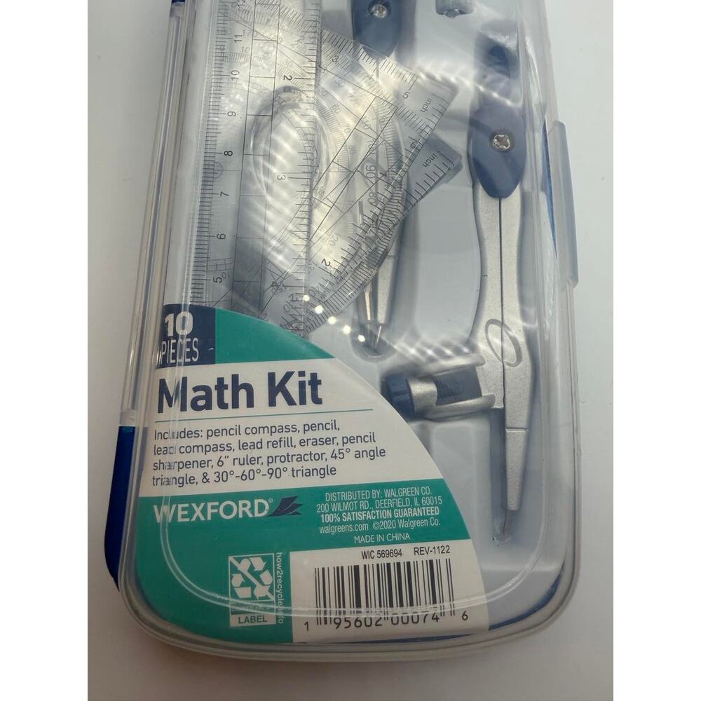 10 Piece Math Kit Educational Math Set with Case/Compass/Protractor - Picture 2 of 3